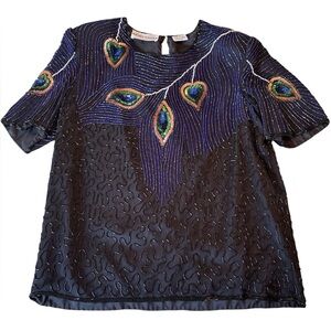 Vintage 80’s Silk Sequin Night Vogue Peacock  Embellished Short Sleeve Blouse L